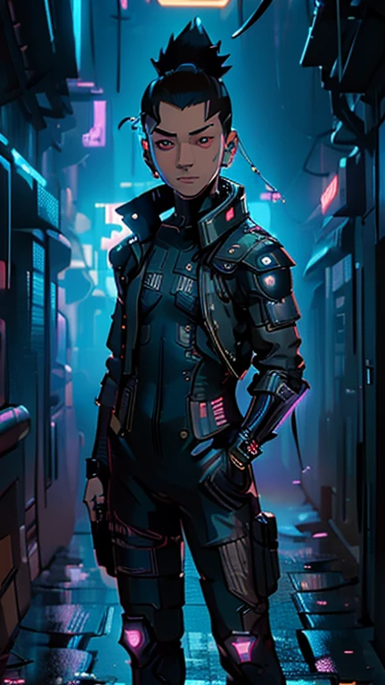 best quality,masterpiece,1boy,solo,(((ars old)japanese boy,an extremely cute and handsome hoy,highly detailed handsome face and eyes,petit,cute face,lovely face,baby fahy smile,show teeth, Black hair,short hair,flat chest,skinny,slender,(((Nara Shikamaru wearing Cyberpunk Bodysuit))),(((standing in Dark Midnight Neon Glow light Cyberpunk Gotham city))),he is looking at the viewer,