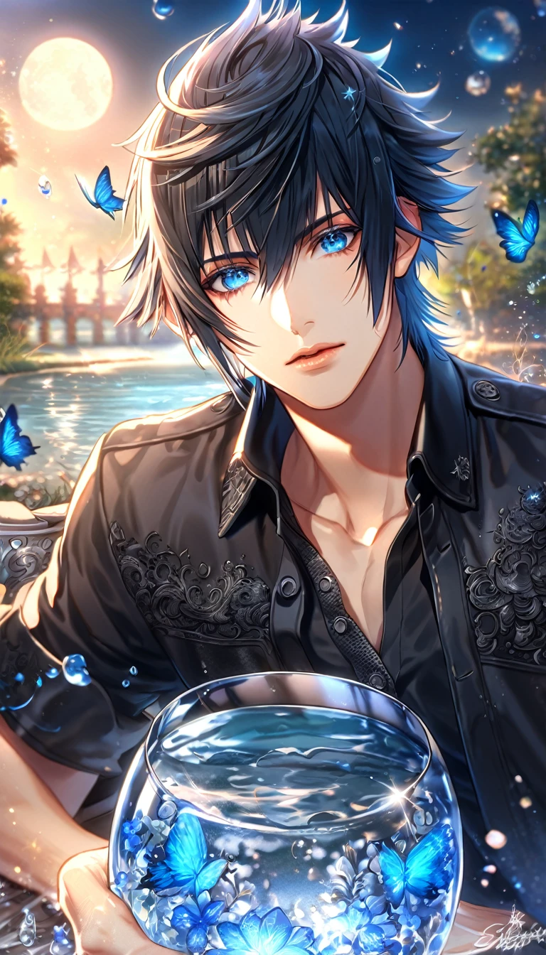 absurdres, highres, ultra detailed, HDR, master piece, best quality, extremely detailed, Noctis Lucis Caelum, black hair, expressive blue eyes, Final Fantasy XV, sexy man, solo, handsome, black clothes, one black glove on the right hand, fantasy, magical, sparkling, water, glass, blue moon, blue flowers, blue butterflies, blue petals