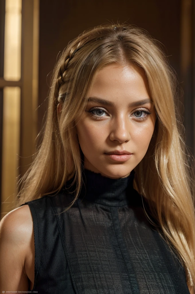 a beautiful blonde woman, beautiful golden blonde hair, detailed eyes, beautiful detailed lips, extremely detailed face, long eyelashes, in the country of Egypt, wearing a long black arab dress which goes to her feet, (best quality,4k,8k,highres,masterpiece:1.2),ultra-detailed,(realistic,photorealistic,photo-realistic:1.37),HDR,UHD,ultra-fine painting,sharp focus,physically-based rendering,extreme detail description,professional,vivid colors,bokeh,portrait, vue sur les pyramides en arrière plan, photo prise par un photographe, le cheveux porter par le vent, les mains derrière le dos