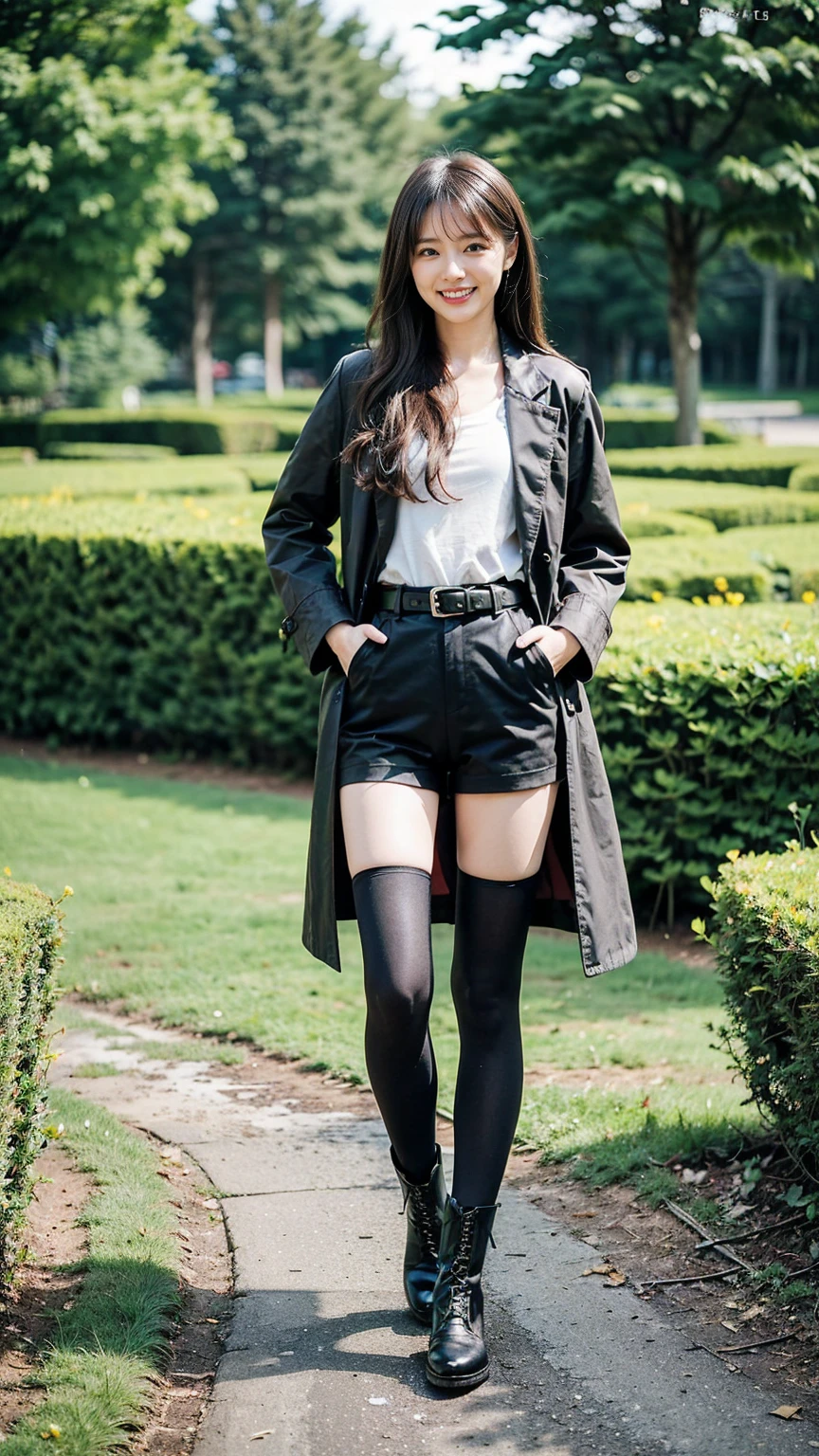 (8K、RAW Photos、Highest quality、masterpiece:1.2)、(Realistic、Realistic)、1 Girl、((Shorts、shirt、Long coat、black、Thin legs、whole body、boots、one piece、tights、garden、View from the front、smile、Looking into the camera、belt、Stand with hands on hips))、cute