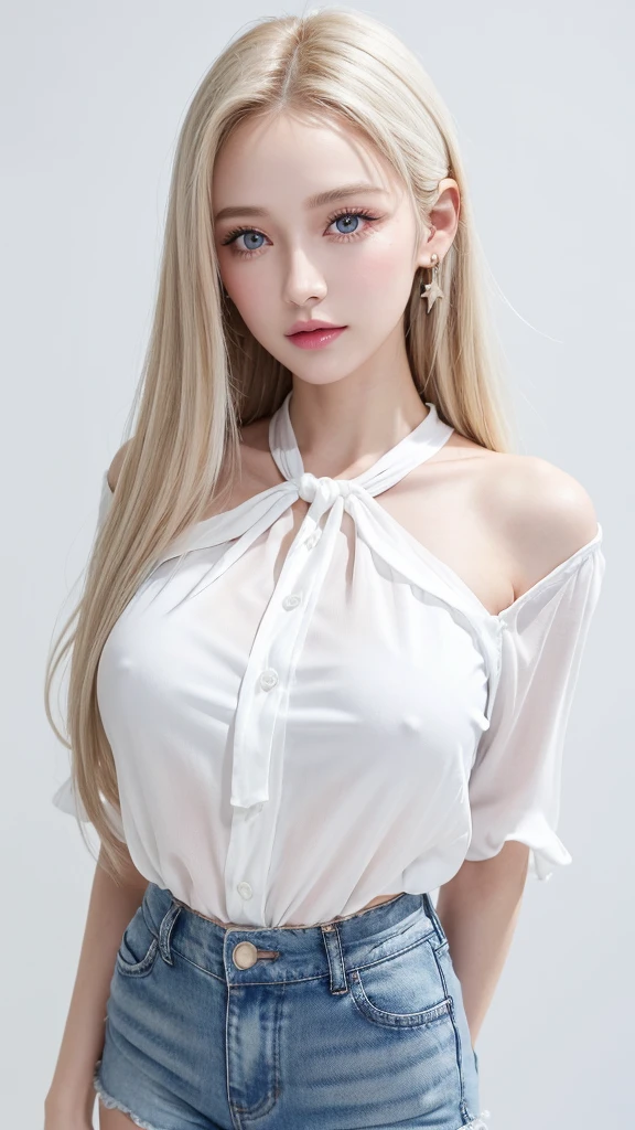 (((blouse、Shorts、White background、Cowboy Shot、forehead)))、forehead、Northern Europe、Russia、beautiful girl、Platinum Blonde Hair、Straight long hair、Big blue eyes、Northern Europeの若者、Glowing Skin、Young and beautiful skin、A perfect and beautiful little face、Bright makeup、Pale pink lips、Bright expression、lipstick、Golden Hour Lighting、Movie Light、Intricate details、High resolution、 Detailed features of the face design、Big Breasts