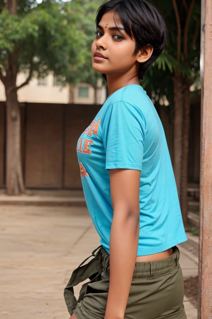 Indian college going short hair thick full tshirt with full cargos showing back..good eyes..