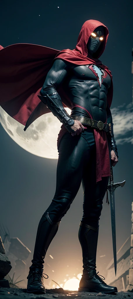 { "Incite": "Create a full-body image of a superhero with a mysterious and intense aura, combining Spawn elements. The superhero should have a similar aesthetic to Moon Knight, but with a black and red primary color scheme. The character must have a dark and intriguing presence, with elegant, modern armor and a flowing cape. Focus in the dark, hmm fearless hero, using a giant sword in his hands.