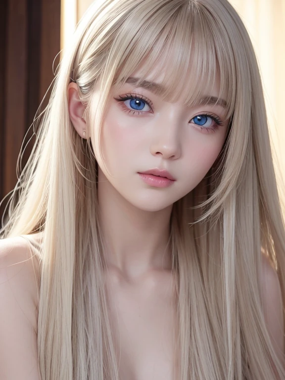 (whole body、Completely naked)、Bright expression、Photorealism、Highest quality、Ultra-high resolution、Photo of a beautiful girl of Scandinavian origin、Extraordinarily beautiful girl、A cute and beautiful face down to the last detail、(Purelos Face_v1:0.008)、Beautiful Bangs、、Glowing White Skin、Facial hair、Bangs on the face、Bans、Super long hair、Attractive light beige, super long, straight, silky, high-gloss hair、Beautiful bright transparent light blue big eyes that are charming and shining、eyeliner、double eyelid、