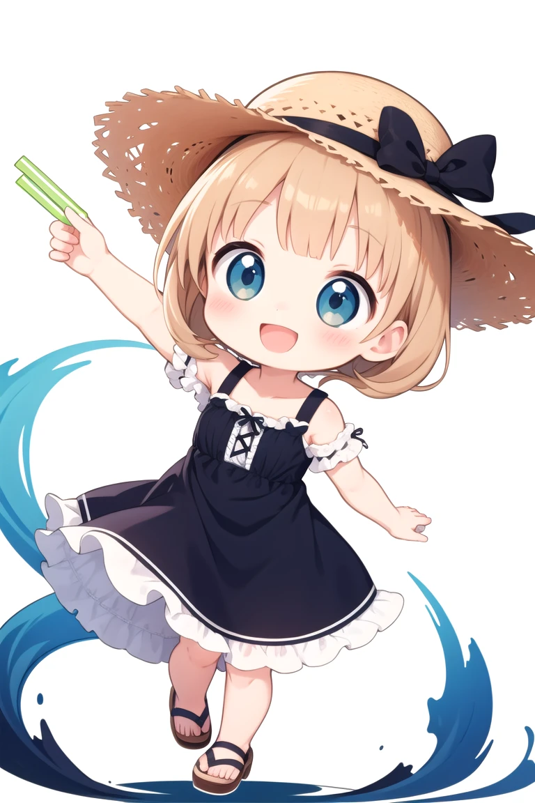 chibi, flat color, solo, full body, cute, (highest quality), Girl with a straw hat, Summer Dress, sandal, Lively smile, open mouth, looks fun, ((white background)), (masterpiece)