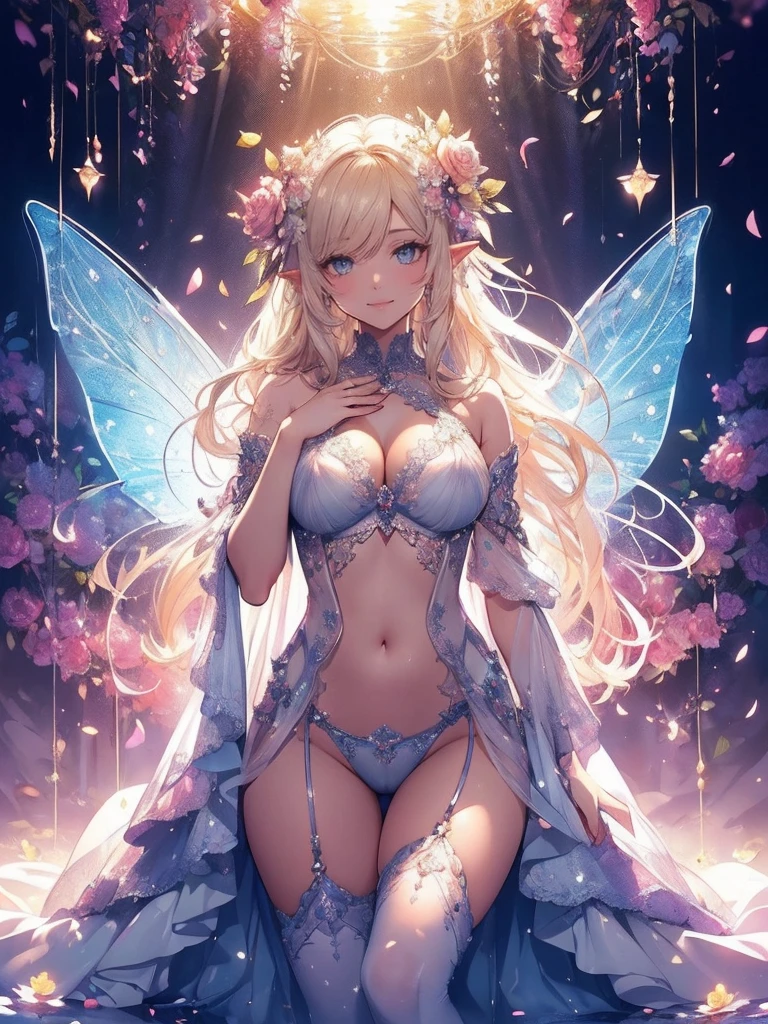 最high quality、1 beautiful woman,elf ((cowboy shot ))、View from the front、美しい虹Farbeに輝く翼、Big fairy wings、Wet、Beautiful groin、detailed groin、、Blushing、親しいsmile、Ecstasy、Beautiful thighs、Filled with roses、Lots of roses、Floral Throne、 A magnificent fairy world、flower fractal fine art、Fill the screen with flowers、Bigger on the screen、Beautiful Eyes、、Fairy tale、Märchen Beautiful Eyes,High-definition depiction, Realistic, 8K, Unity, , light smile, Beautifully and vividly drawn, , Beautiful, beautiful, clear skin、sexly see-through  bodystocking ,sexly 、Ecstasy、 Raise your arms behind your head,  Romanticism,mosquito。 The most beautiful form of chaos, Mr..々Farbe, Intertwined flowers, P article,Magical gentle light,smile,sexy,image quality、masterpiece、Beautiful Face、Super beautiful woman((Big breasted 22 year old office lady、Bust 100,Beautiful long ironed hair、Blonde Hair、height: 165cm。、sexy、Esbian、high quality、、Visual Arts、最high quality、1 woman NP: Worst quality ,Flower fractal art、、Beautiful radiance,High-definition depiction, Realistic, 8K, Unity, , light smile, Beautifully and vividly drawn, , Beautiful, beautiful, clear skin、sexly ((、see-through underwear,))Countless rays of light pouring down, Swirling Light, , Raise one arm above your head, Intense light is emitted from the magic flower circle  front of the girl. Romanticism,: The most beautiful form of chaos, Mr..々Farbe, Intertwined flowers, Particle,magical gentle light,smile,sexly,image quality、masterpiece、Beautiful Face、Super beautiful elf woman((Big breasted ,Beautiful 、sexly、Esbian、、high quality、Visual art、Written boundary depth、、elf Ears、、universe、Happy smile、、、elegant、ticker beautiful decorative、、magic、、Beautiful bed、A kind smile、wonderful、Fluttering petals、、Cultivate fantasy、、Mystery light　Lots of flowers、、art、art,mystery,Ultra-high resolution,atmosphere 最high quality、