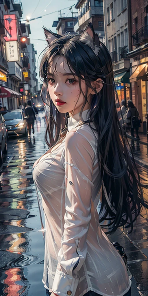 (8K, RAW photos, High sensitivity, best quality, masterpiece, Ultra-high resolution, Honesty: 1.25), Upper Body, Cat ears, (night), rain, Walk, City Lights, Delicate face, Wet white shirt
