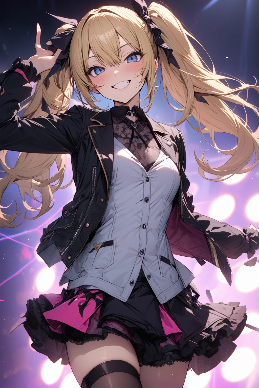 masterpiece, best quality, ultra detailed, solo,
girl, blonde hair, blue eyes, skirt, casual jacket, playful smile, casual stockings, twintails, idol, gothic