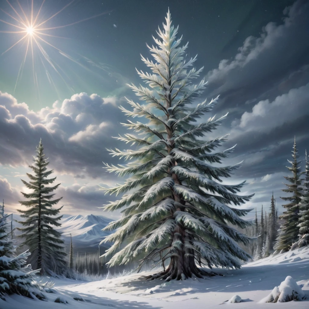 Create an image of the majestic White Spruce tree in the Arctic tundra. The scene should depict a vast, snowy landscape with snowflakes swirling in the icy wind. The White Spruce trees stand tall and slender, their branches heavy with snow, contrasting beautifully with the dark green needles. The trees have gray-white bark that appears almost like frozen silver, and their long, sharp needles glisten with frost. Highlight the fibrous, glossy inner bark that has a pearlescent quality, and the light, almost white wood with a subtle silvery outer layer. The overall atmosphere should capture the harsh, yet breathtaking beauty of the Arctic wilderness