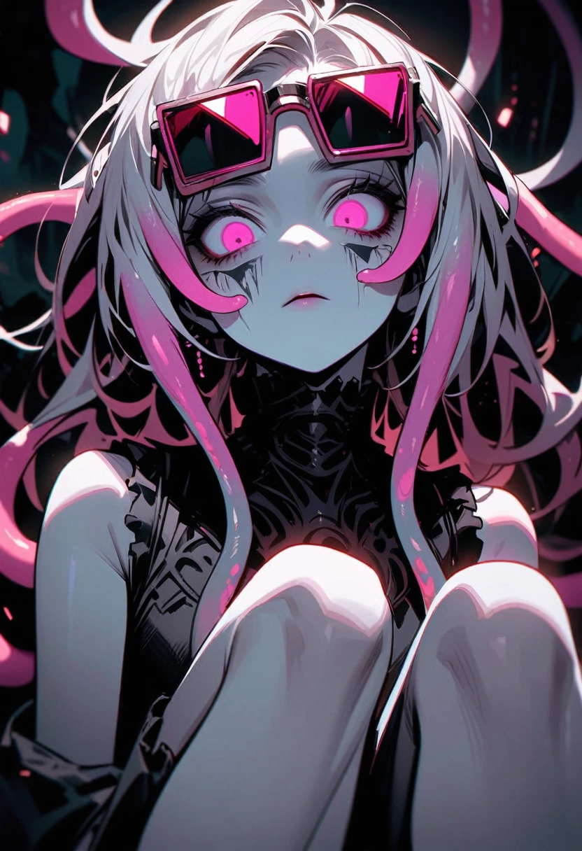 knee-length portrait, (dark biopunk horror), (biopunk girl), sits, sharp edges, pale skin, pale tentacle hair, long tentacle hair, open forehead, squared sunglasses, pale pink eyes, cold lights, dark art, highly detailed, extremely detailed, masterpiece