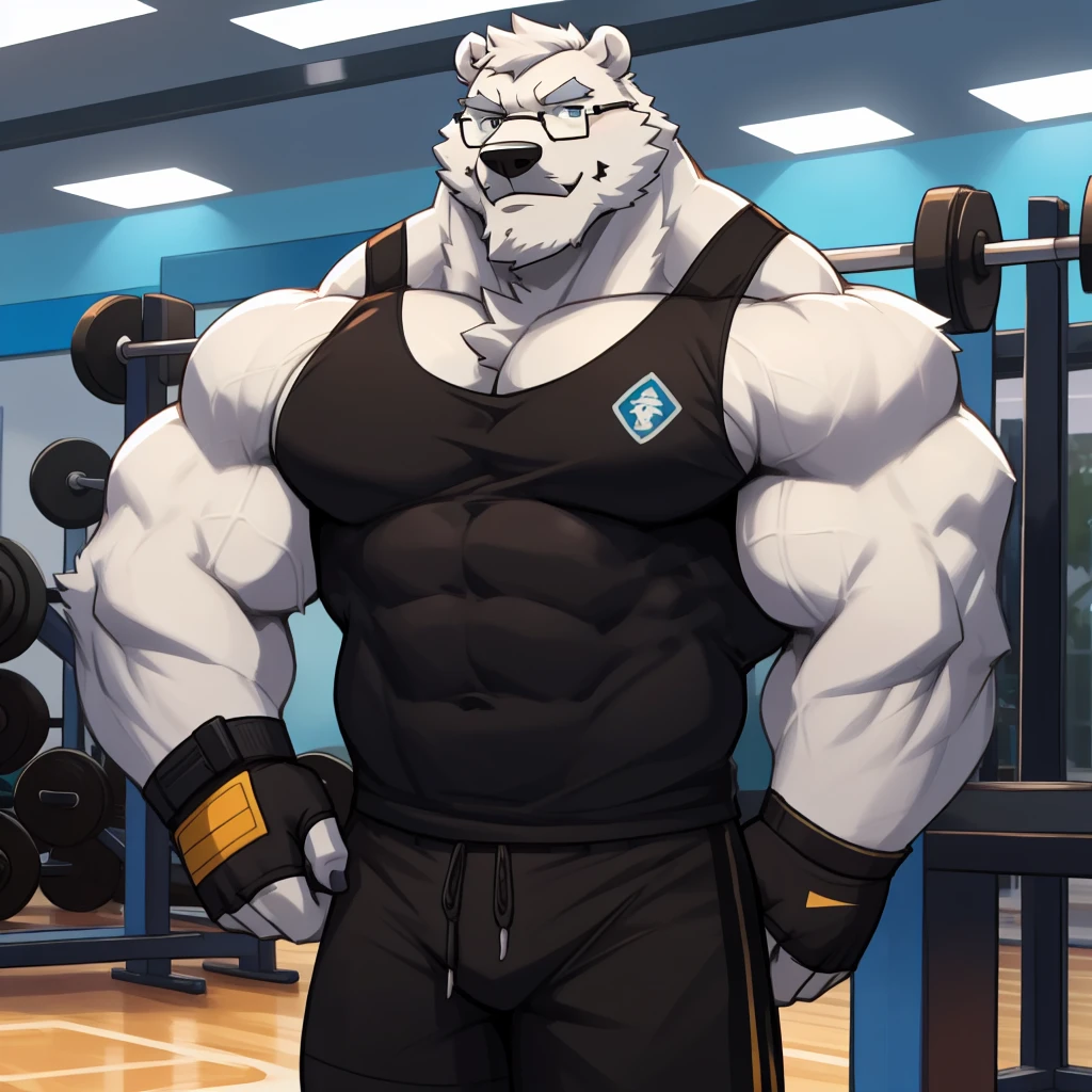 solo, 1boy, Huge middle aged Muscular White Polar Bear Daddy wearing glasses, huge white fur, pectoral, huge pectoral, wide pectoral, short white hair, blue colored short pants, blue colored wristbands and blue colored tank top, white bearded, white Mustache, white fur, gym background, masterpiece, high detailed, 8k, high resolution, at the gym, strut