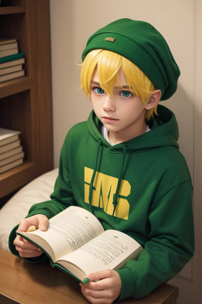 Pngtube with a book in his hand and with yellow hair and green eyes and a water green sweatshirt and a little hat