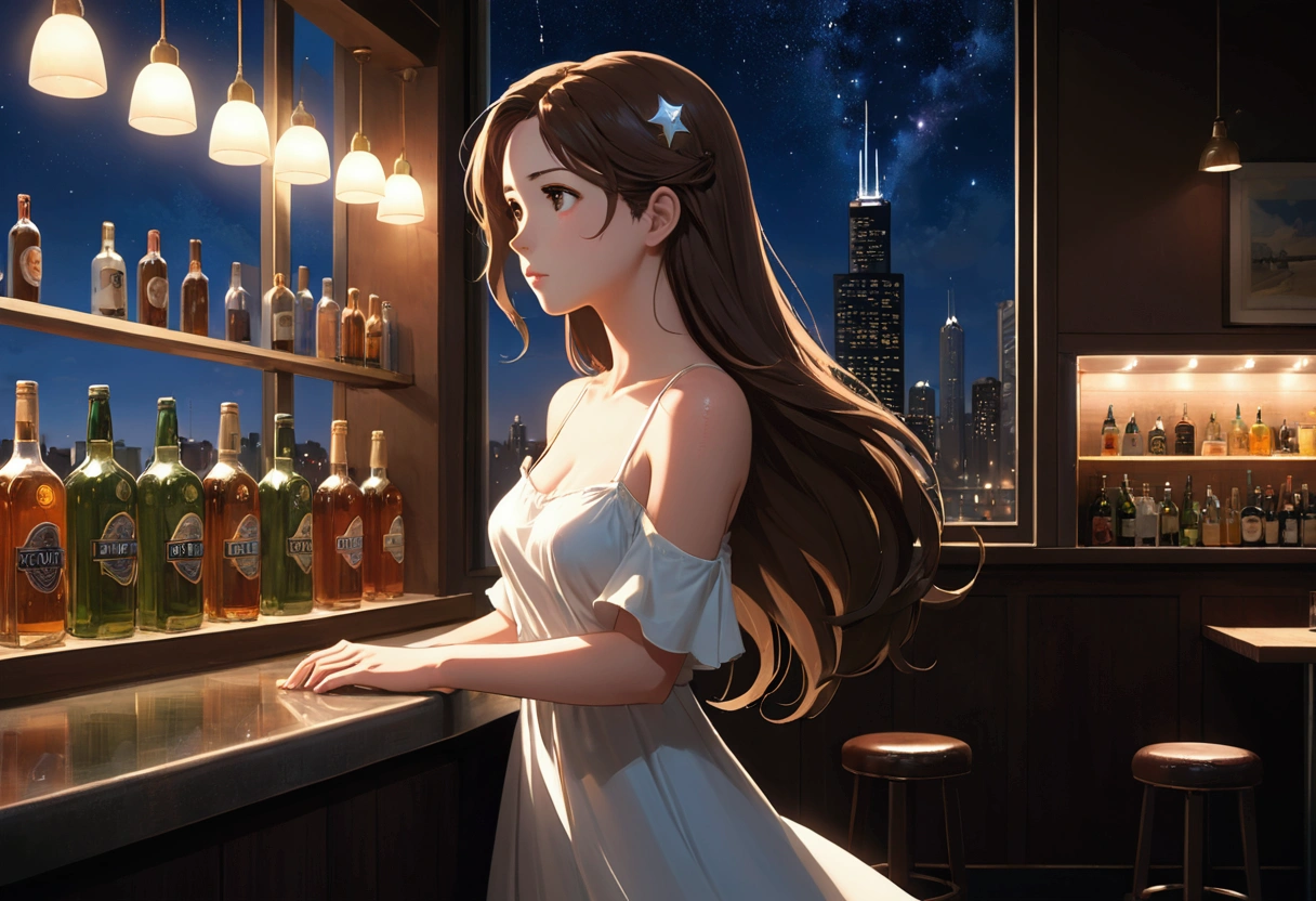 Uses Makoto Shinkai&#39;The depiction is perfect,Portrait of Halie Lorene,8k 4k masterpiece photo ,Chicago,A pub on the top floor of a high rise building,I can see the twinkling stars through the glass window.,that&#39;Outside in the dark night,Jazz is playing,profile,Beautiful profile,Calm expression,Long Hair,Brown Hair,Not looking at me,Look in a different direction,Standing alone, not leaning against the counter,The woman is on the right side of the screen.,Wearing a white tube top dress,Large bust,Five fingers,Fingers are gentle.