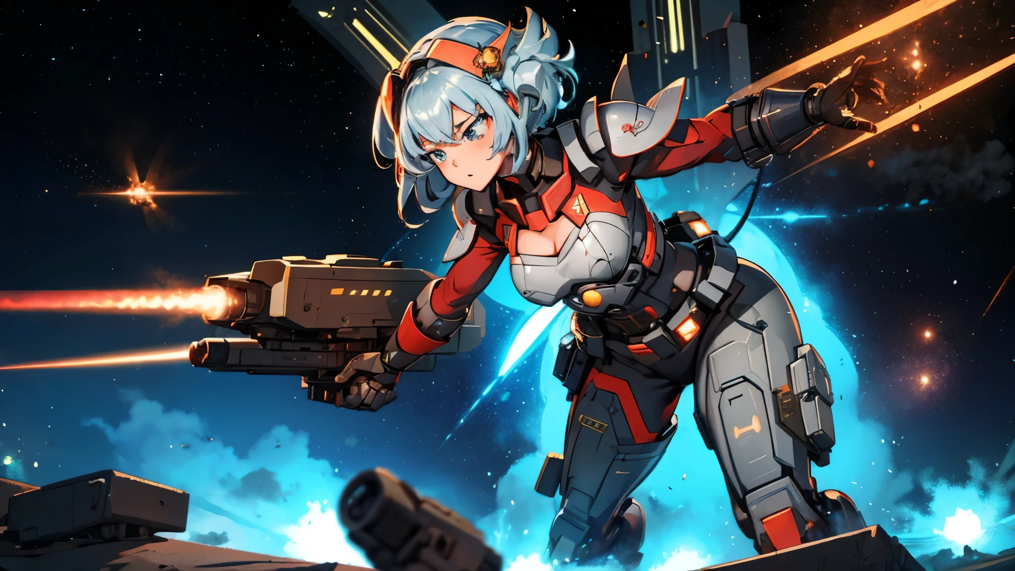 Electronic illustrations include a woman with mechanized armor and a gun in outer space, one girl, breasts, ships, weapons, military vehicles, mecha girls, guns, big breasts, space battleships, Starfleet battle: Beams and missiles fly around, explosion light sci-fi, aircraft, cleavage, holding weapons, look at the beholder 傑作　Precision　Starfleet Battle　8K