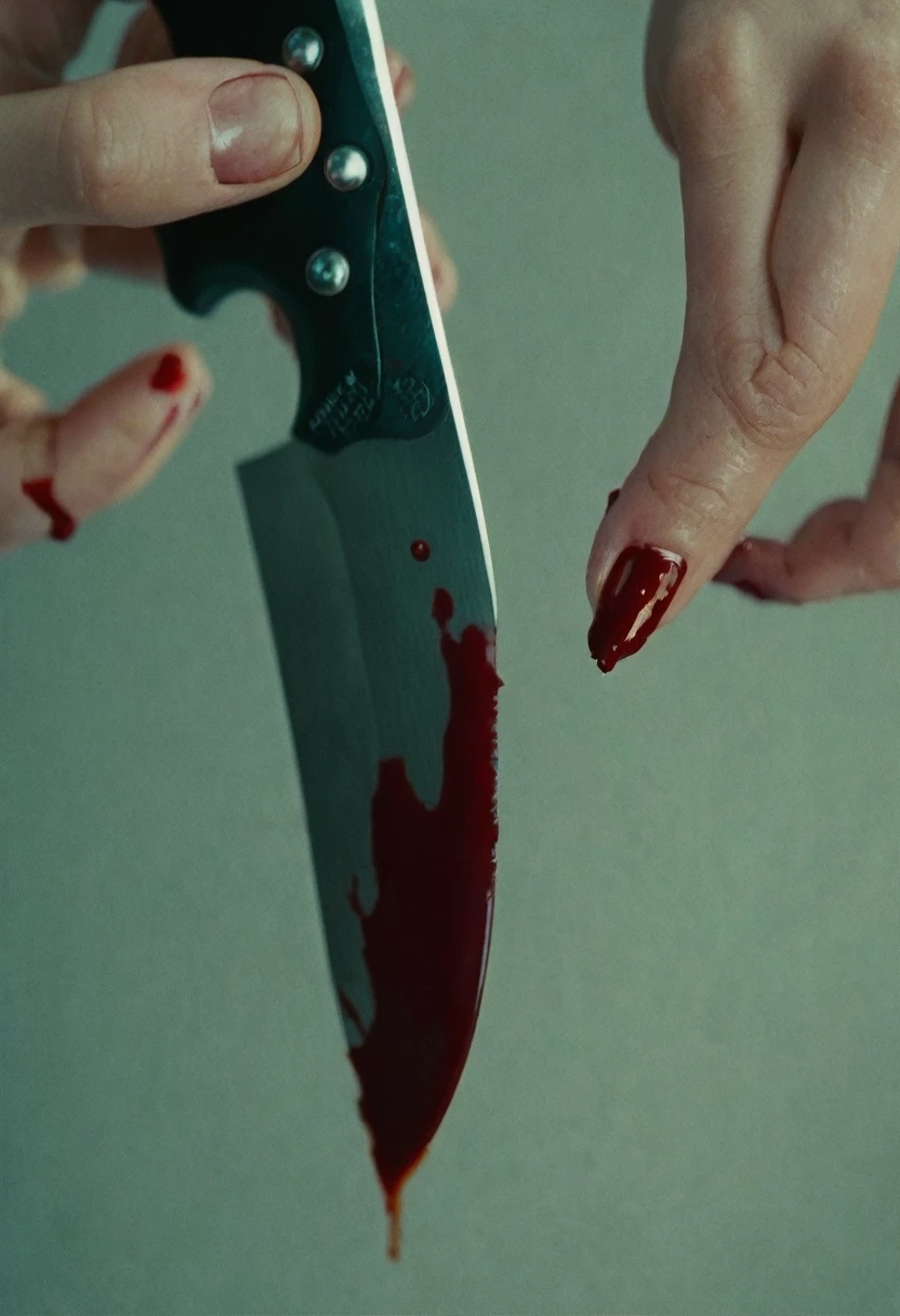 Detailed shot of a woman's hand holding a knife shaking with blood