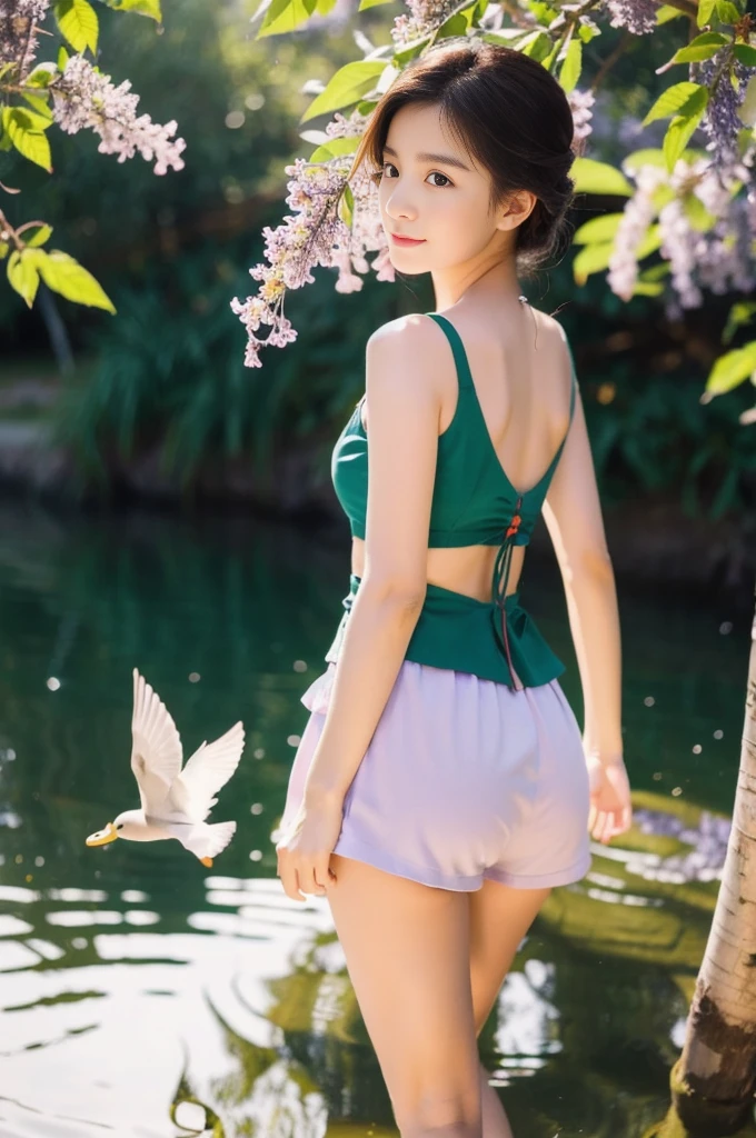  DUCKS FLYING IN THE BACKGROUND, RED AND LILAC FLOWERS, BOAT AT THE BOTTOM FISHING