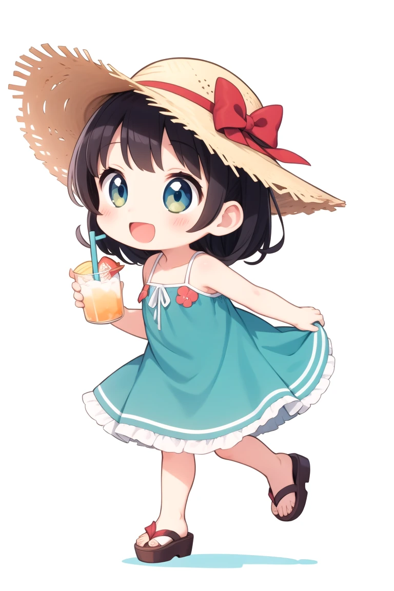 chibi, flat color, solo, full body, cute, (highest quality), Girl with a straw hat, Summer Dress, sandal, Lively smile, open mouth, looks fun, ((white background)), (masterpiece)