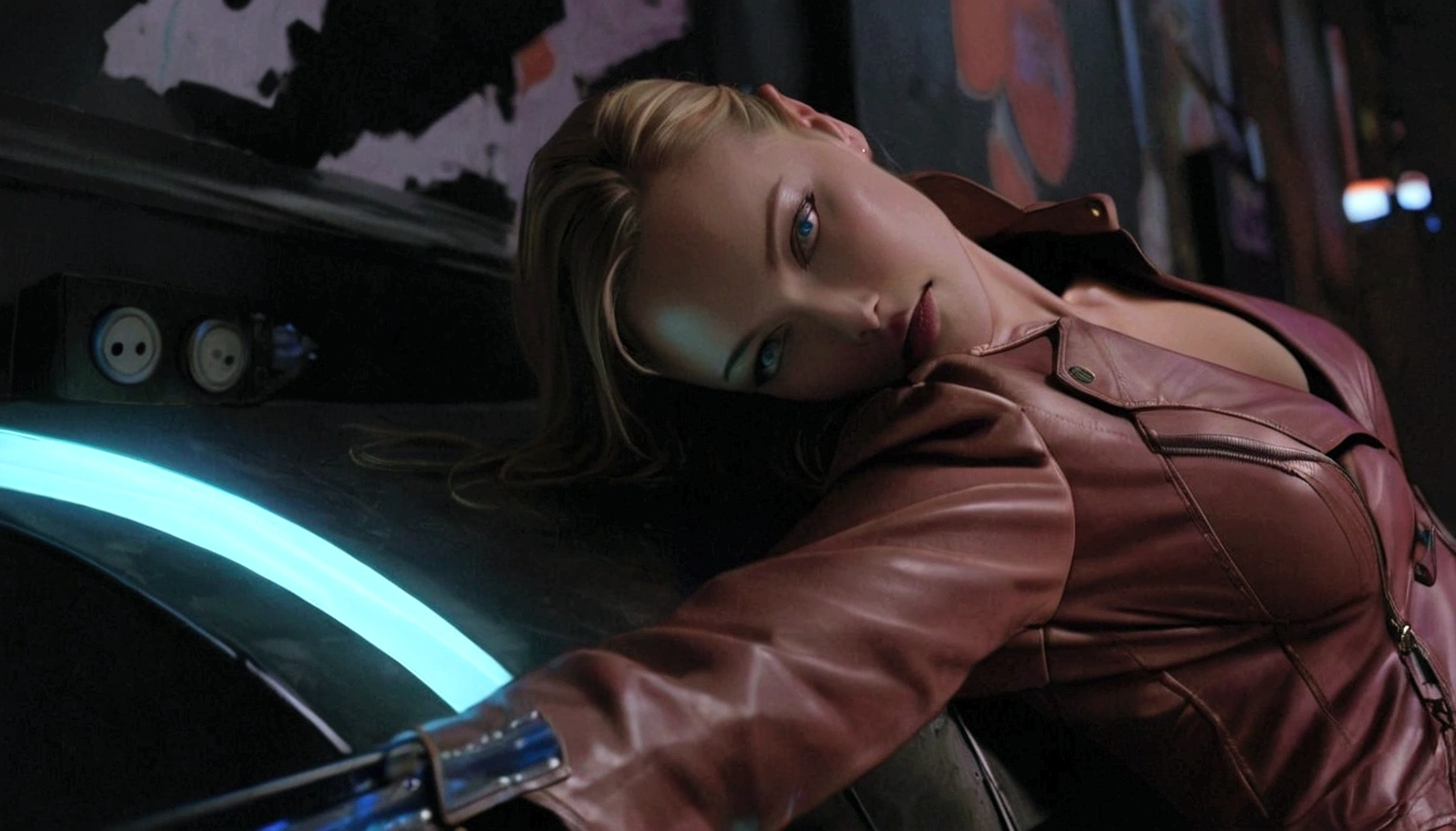 Blonde woman in leather jacket leaning against a wall with a neon light, Kristanna Loken, doom beautiful face,