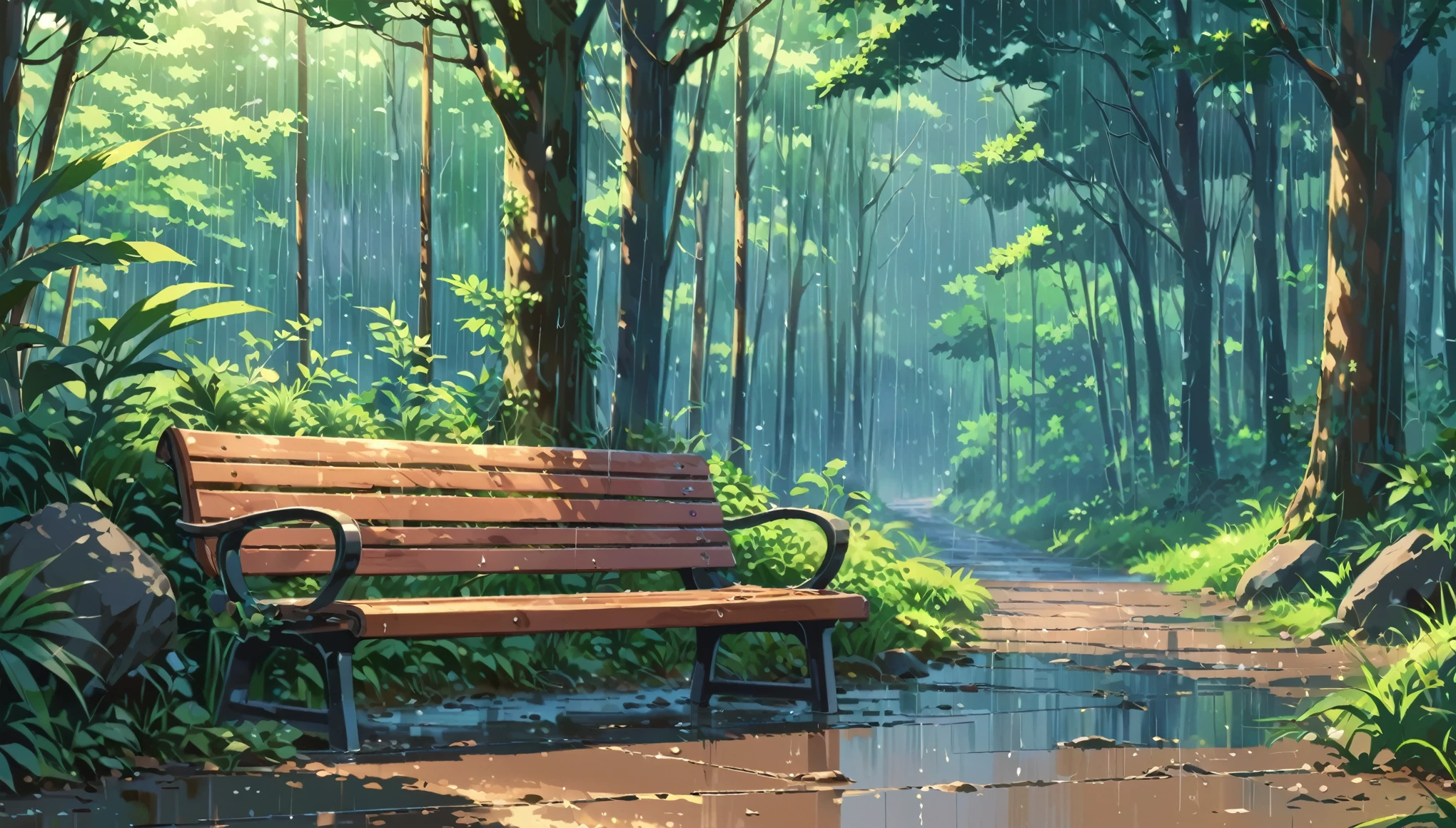 ((Anime: 1.4, Illustration)), (Masterpiece, Top Quality, Best Quality), (Ultra-Detailed, Absolutely Resolution), ((16k, HIGH RES)) (Rain, Forest, Bench, Sky After Rain), ( Anime: 1.4, Illustration)), (Masterpiece, Top Quality, Best Quality), (Ultra-Detailed, Absolutely Resolution). Ak {Lofi Art, Style of Laurie Greasley, Style of Makoto Shinkai, Anime Aesthetic}, BREAK {(Produces IMAGES WITH ITH INFORMATION THAN 40 Million Pixels with Cinematic-Like Detailed Textures S Hot on a Sony slur).}