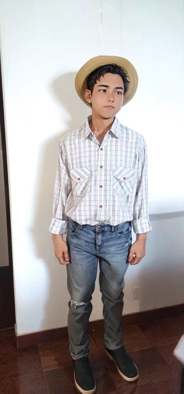 A boy dressed in country clothes, June party hat, checkered shirt, calca jeans, very beautiful 