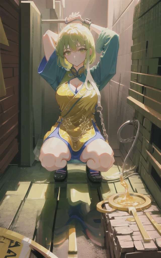 Ultra HD Wallpaper,4k ultra high definition,Green Hair,Large Breasts,White cheongsam,Handcuffs,whip,Vibrator in cleavage,Put your hands behind your head,Squat,Big ,Leaking urine,Thigh leg ring,full-body shot,The whole body is covered with white sticky liquid