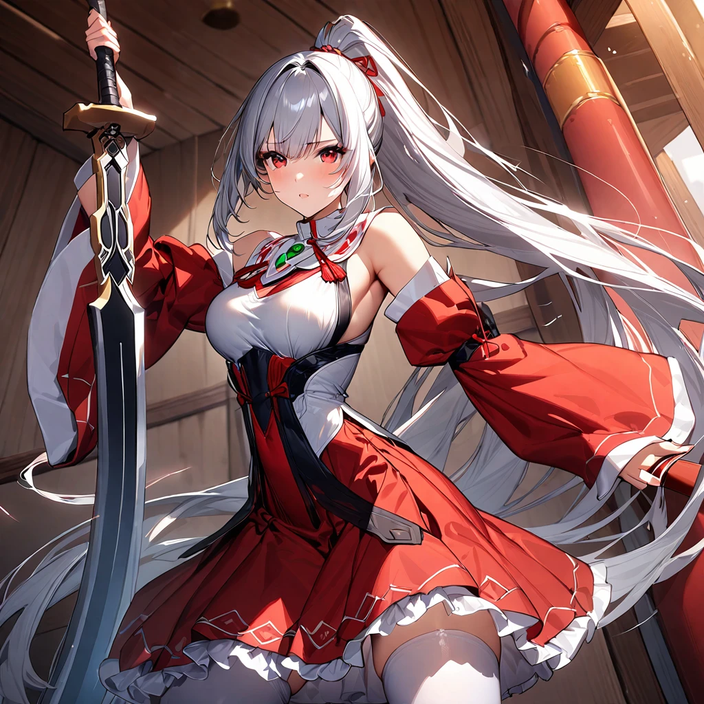 (masterpiece),(Highest quality),(Super detailed),(Best illustrations),(so beautiful), so beautiful長い脚, Silver Hair, Red eyes, Very long hair, High Ponytail, Removable sleeves, skirt, Frills, red skirt, Wide sleeves, Red Shirt, frilled skirt,Sleeves edged with ribbon, Frillsシャツの襟, Bare shoulders, skirt, White thighhighs, Non-traditional Shrine Maiden, holding weapon, huge_sword, duel,