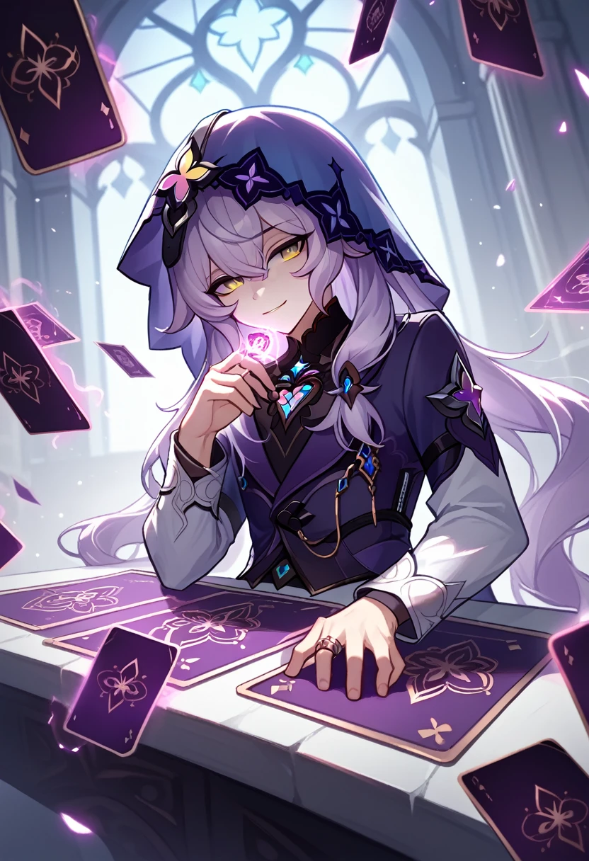score_9, score_8_up, score_7_up source_cartoon, 1 boy, young boy, sexy boy, femboy, magic, magician, magic cards, cartoon effects, magic effects, league of legends art style, Black_Swan_\(Honkai:_Star_Rail_\).