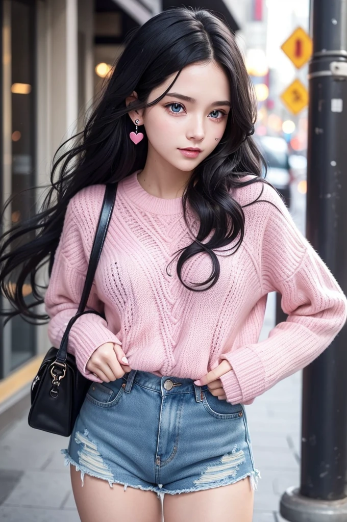 I want an emotion of fun with long black hair wavy at the ends, blue colored eyes, a pink sweater, light blue denim shorts, a small heart earring and a light pink body; A playfully , It is like . 