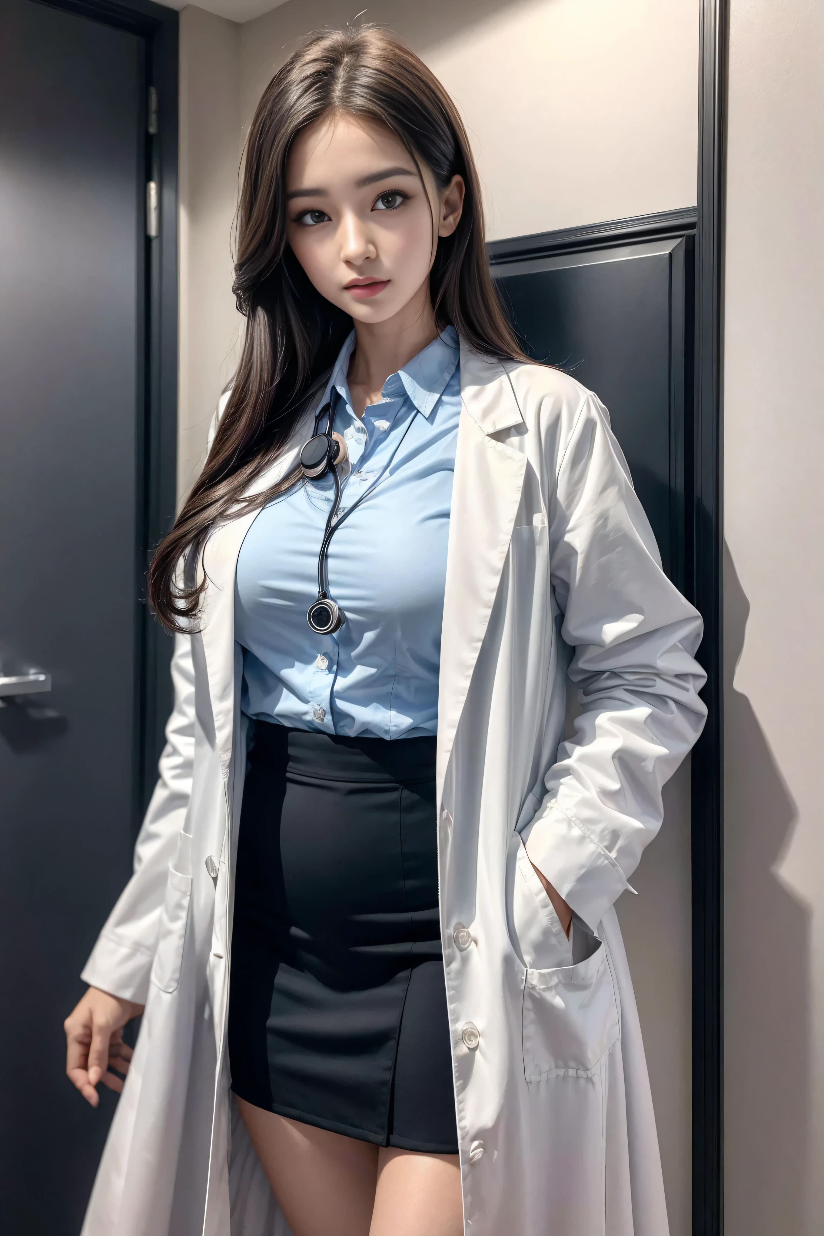 Realistic beautiful doctor、Stunning beauty、Doctor's white coat, Collared shirt、(Top quality、8K、32k、masterpiece、nffsw:1.3)、Ultra-high resolution,(Reality:1.4),Original Photography, Delicate face,,Beautiful hair, ((Doctor style)), , Black tight skirt、 Natural Makeup,, Full breasts、Inside the hospital, Detailed background, Perfect lighting, Depth of Field, Beautiful shadow gradient,Stethoscope ,