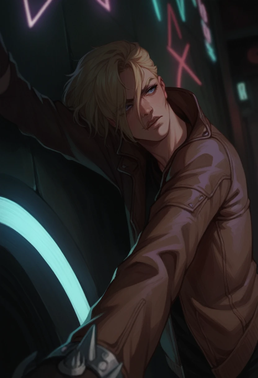 Blonde woman in leather jacket leaning against a wall with a neon light, Kristanna Loken, doom beautiful face,