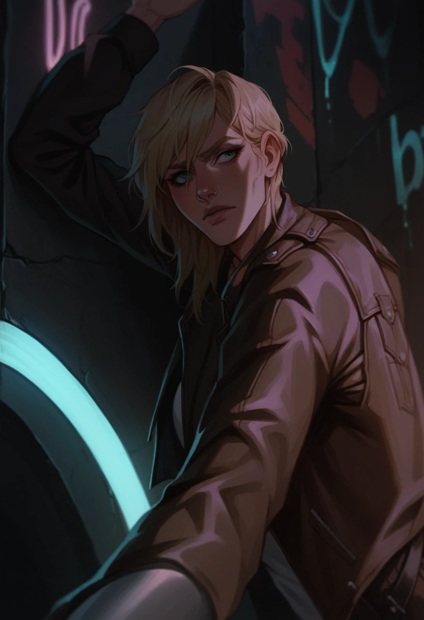 Blonde woman in leather jacket leaning against a wall with a neon light, Kristanna Loken, doom beautiful face,