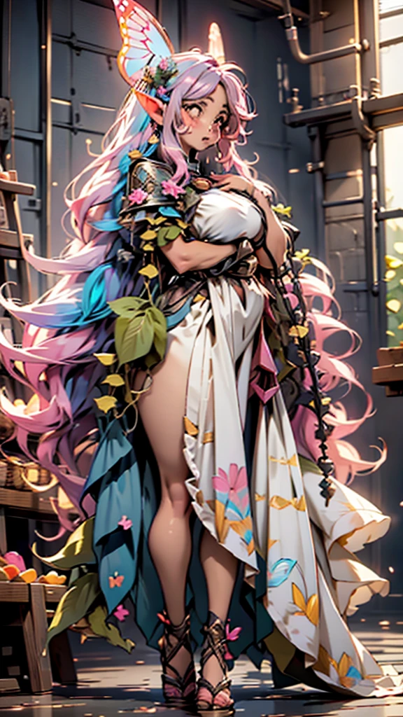 High detailed, Anime, 1 fairy woman, Elf ears, wavy hairstyle, parted Bangs, light hot-pink colored hair, split-color hair, busty, gorgeous plump body, yellow formal clothes, strong body, strong arms, butterfly Fairy's wings