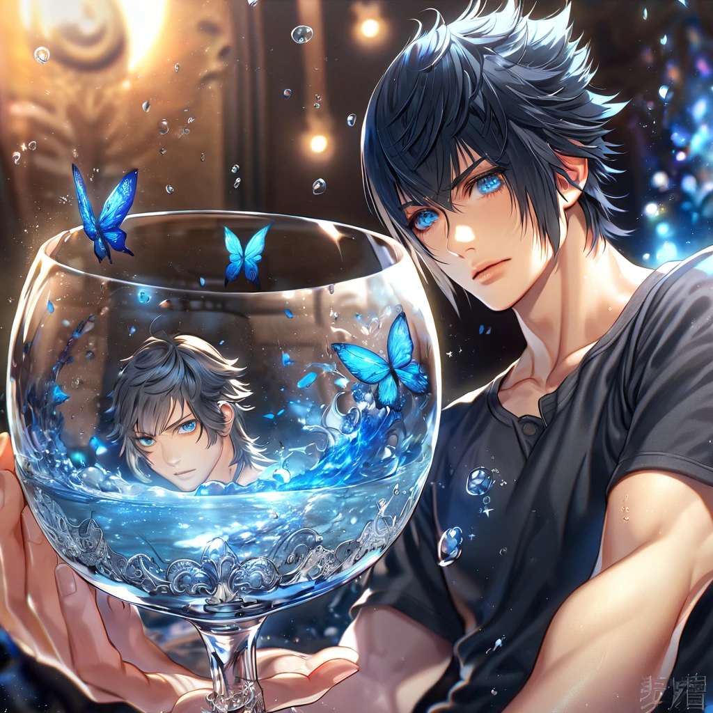 absurdres, highres, ultra detailed, HDR, master piece, best quality, extremely detailed, Noctis Lucis Caelum, black hair, expressive blue eyes, Final Fantasy XV, sexy man, solo, handsome, black coat, dark gray T-shirt, fantasy, magical, sparkling, water, glass, blue moon, blue flowers, blue butterflies, blue petals