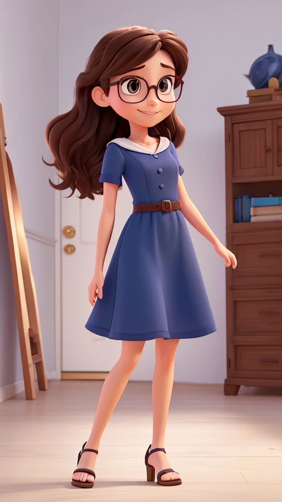 make a digital illustration of a female character in Disney Pixar style from an animated film. She will have expressive light brown eyes, a friendly smile and long, straight dark brown hair, WITH SQUARE-FRAMED GLASSES. She will be dressed in a navy blue dress and beautiful high heel sandals. The character will stand, with the left hand on the waist and the right hand raised. The setting will be an all-white room, with a white wall, creating a welcoming and creative environment. 🎨✨