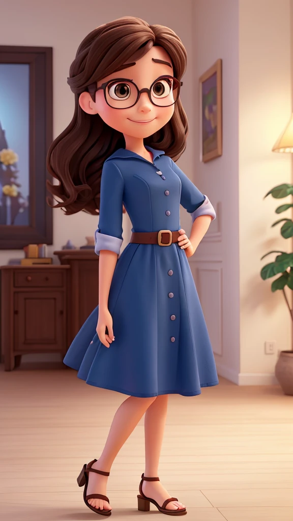 make a digital illustration of a female character in Disney Pixar style from an animated film. She will have expressive light brown eyes, a friendly smile and long, straight dark brown hair, WITH SQUARE-FRAMED GLASSES. She will be dressed in a navy blue dress and beautiful high heel sandals. The character will stand, with the left hand on the waist and the right hand raised. The setting will be an all-white room, with a white wall, creating a welcoming and creative environment. 🎨✨