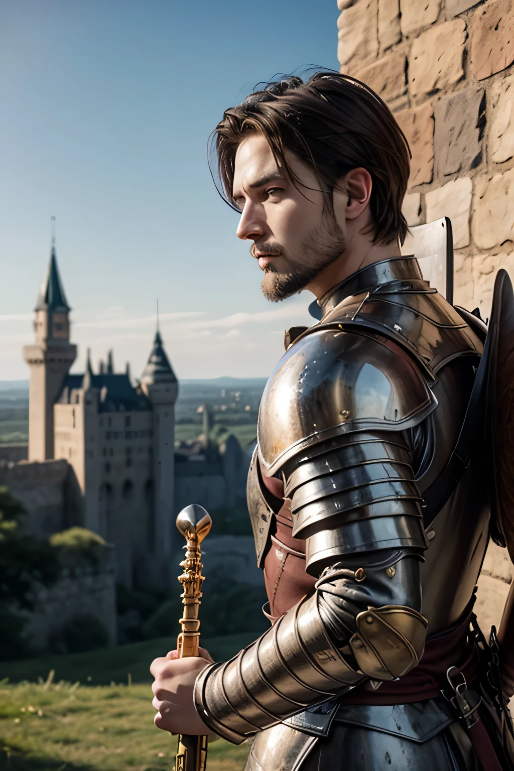 Play a gentle warrior from the late Middle Ages with typical armor of the time,inspired by a saxisonic style.Looking 30 years old,small beard and light brown hair,with a bright and serene face,with a long sword on his back and a horizon with an immense castle