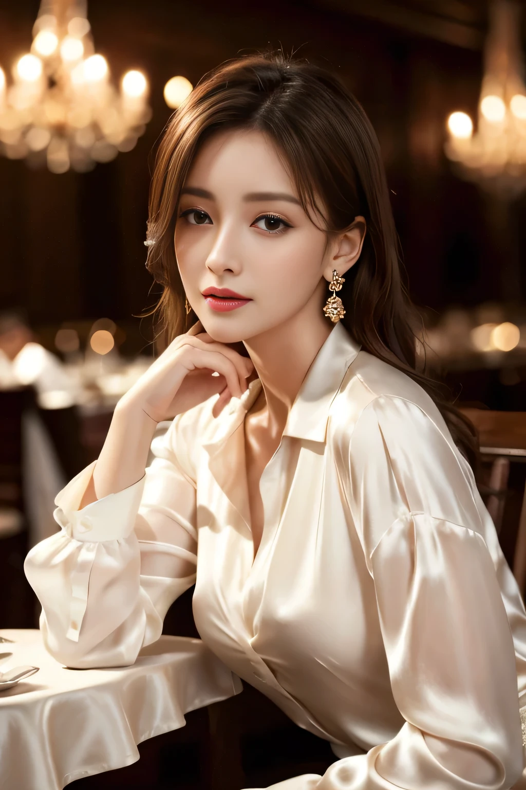 masterpiece, Highest quality, Realistic, Very detailed, Finer details, High resolution, 8k wallpaper, One beautiful woman, Wear an elegant white silk shirt, In a great restaurant, At night, Light brown messy hair, Perfect dynamic composition, Beautiful and beautiful eyes、Big earrings、Sit on a chair、