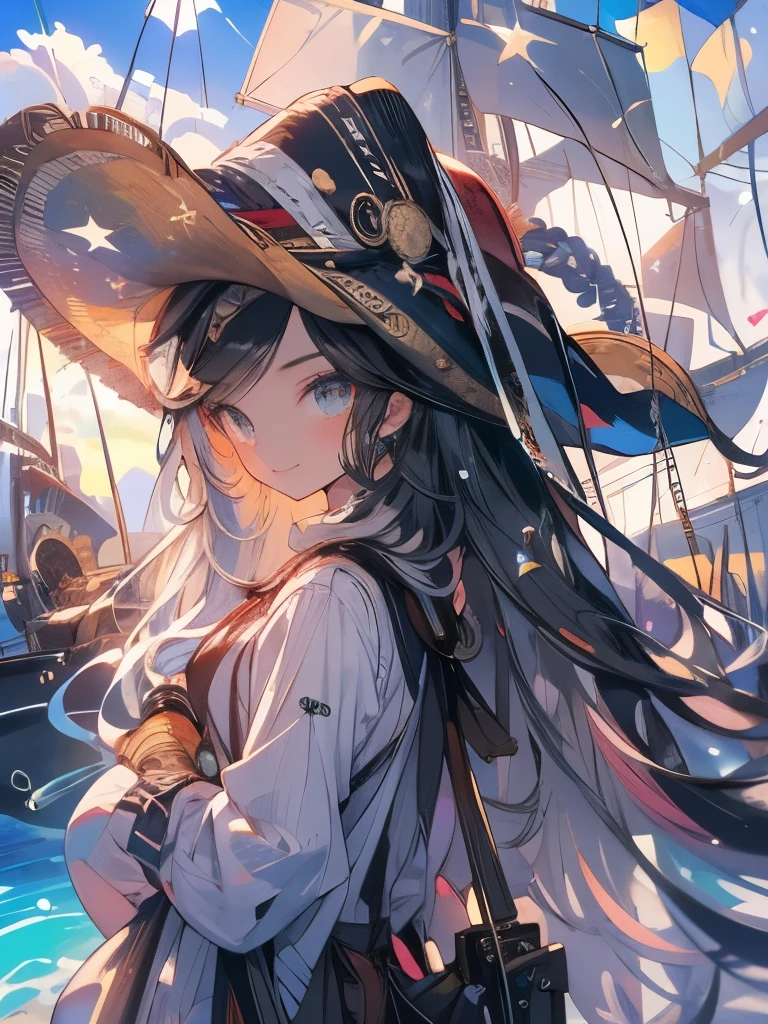 masterpiece、girl、Black Hair、Sparkling eyes、smile、Ocean賊の服、(((Wear a tricorn hat)))、((Holding a gun))、Treasure Chest、gem、Serious face、Ocean、On the boat、Upper Body