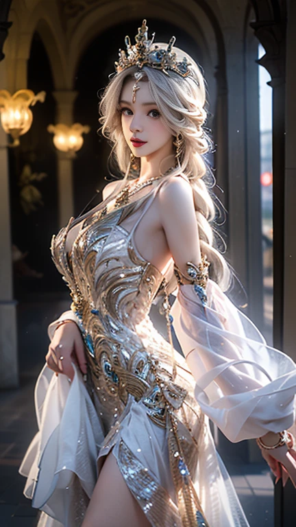 High-quality work，Realistic works，Super premium graphics，8K HD CG works，high quality graphics，High-definition and exquisite CG works，10x pixels，Ultra-fine details：1.1，Advanced technical details：1.1Realistic photo effects，Interior lighting effects：1.5，natural soft light：1.5. Light effect（Virtual light effects：1.8），ultra high resolution，shining dress，sliver long hair，silber hair，transparenthair，high detailed hair（Quality hair details：1.1）Clear eyes，Double eyelids look good，Sharp eye makeup, Create exquisite eyelash makeup, tthin eyebrows, Ultra-detailed eyes，a tall nose, lovely red lips, rosey cheeks, With delicate makeup on her face , pretty face, The face shape is perfectly proportioned,（Advanced facial details：1.1）（Front Focus），Surrealist portraits of women by David Hockney and Alphonse Mucha，((ultra gigantic tits))、((Upper body naked))、( Exposed)、(((Royal Pool)))、((Engaging pose))、Fantasyart，the witch、(((Orange braided hair)))、Orange hair、((Sexy embroidered pink and gold and white dancer costume))、((High quality pink and gold and white dancer costume with sexy embroidery))、((Sexy Dancer、High quality pink and gold and white dancer costumes with less embroidery on the fabric))、Sexy embroidery beautifully embroidered on pink and gold and white dancer costume，Decorated with fine dancer costumes and fine jewelry with fine embroidery，photographrealistic，dynamic lighting，art stations，poster for，Volumetriclighting，extra detailed face，4 k''，((Colossal tits))、With diamonds，Sexy thighs，exposing the abdomen ,Chest 1 Girl, In the Dark, deepshadow, low tune, Cowboy Shot,(official clothing:1.4), The eyes are confused and seductive，legs separated，Women's artwork，Dress full body video，Realism，Amazing Cleavage，My eyes are very bright today