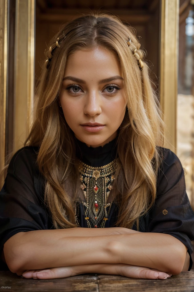 a beautiful blonde woman, beautiful golden blonde hair, detailed eyes, beautiful detailed lips, extremely detailed face, long eyelashes, in the country of Egypt, wearing a long black arab dress which goes to her feet, (best quality,4k,8k,highres,masterpiece:1.2),ultra-detailed,(realistic,photorealistic,photo-realistic:1.37),HDR,UHD,ultra-fine painting,sharp focus,physically-based rendering,extreme detail description,professional,vivid colors,bokeh,portrait, vue sur les pyramides en arrière plan, photo prise par un photographe, le cheveux porter par le vent, adossé a un mur