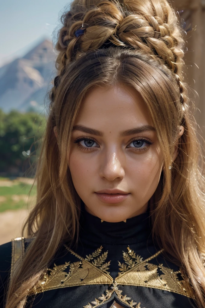 a beautiful blonde woman, beautiful golden blonde hair, detailed eyes, beautiful detailed lips, extremely detailed face, long eyelashes, in the country of Egypt, wearing a long black arab dress which goes to her feet, (best quality,4k,8k,highres,masterpiece:1.2),ultra-detailed,(realistic,photorealistic,photo-realistic:1.37),HDR,UHD,ultra-fine painting,sharp focus,physically-based rendering,extreme detail description,professional,vivid colors,bokeh,portrait, vue sur les pyramides en arrière plan, photo prise par un photographe, le cheveux porter par le vent, adossé a un mur