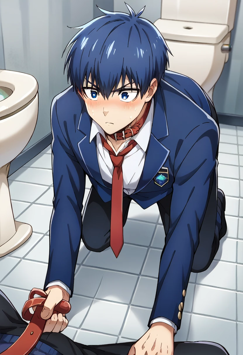 score_9, score_8_wonderful, score_7_wonderful, sauce_anime ,Blue Rock,İsagi,Male Focus,Part 1:  , 1 male,Black trousers,toilet,Red tie，blazer,Get on all fours and place your hands on the floor,penis,Wearing a collar with a leash,View your viewers