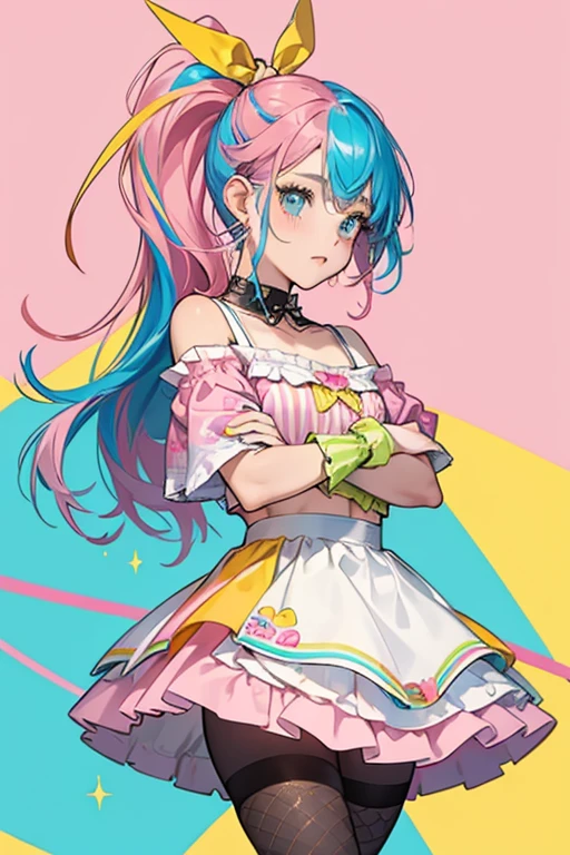Emma has a tan complexion, brown eyes, and blue hair with indigo streaks at the back and two locks streaked pink at the front, the whole thing tied in a ponytail with a yellow hair tie. She also has teal eyeshadow, yellow drip-like eyeliner on her right eye, pink drip-like eyeliner on her left eye, pink lipstick, yellow nail polish on her left hand, and pink nail polish on her right hand.
Emma's outfit consists of a blue off-the-shoulder shirt with a bunny print at the front and yellow imitation paint drip around the collar, a yellow crop top underneath, a rainbow-colored right arm warmer, a pink-and black-striped left arm warmer, a pink and yellow tutu skirt, fishnet leggings, a right hold-up sock with same color scheme as her left arm warmer, a left hold-up sock with same color scheme as her right arm warmer, black hi-tops with white soles and blue (right) and pink (left) laces.
Emma wears a pink drip-like chocker and earrings that look like spirals, the right one colored pink and black and left one colored blue and black. She also wears three hairclips: a blue one with a drip motif, an orange double heart one, and a yellow bow connected to a clip-on pink fringe. She also comes with a pink scene-style purs. SPARKLE; GLITTER