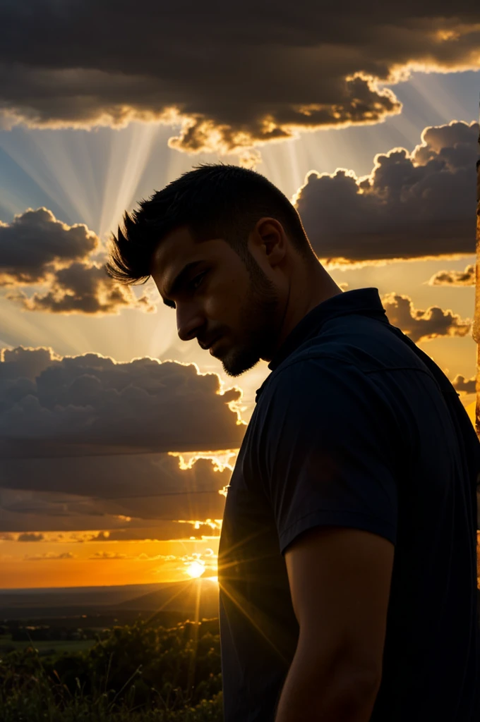 Light and shadow, sunset, man with thunder