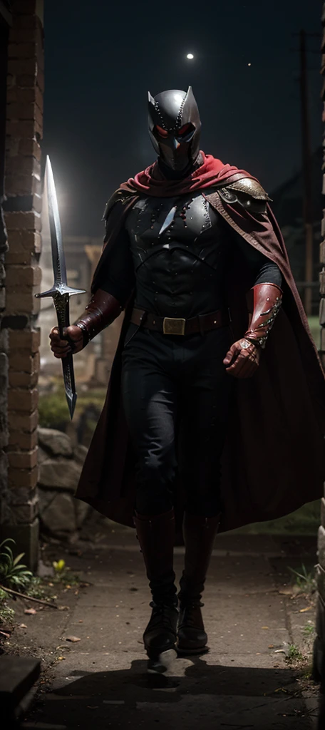 { "Incite": "Create a full-body image of a superhero with a mysterious and intense aura, combining Spawn elements. The superhero should have a similar aesthetic to Moon Knight, but with a black and red primary color scheme. The character must have a dark and intriguing presence, with elegant, modern armor and a flowing cape. Focus in the dark, hmm fearless hero, using a giant sword in his hands.