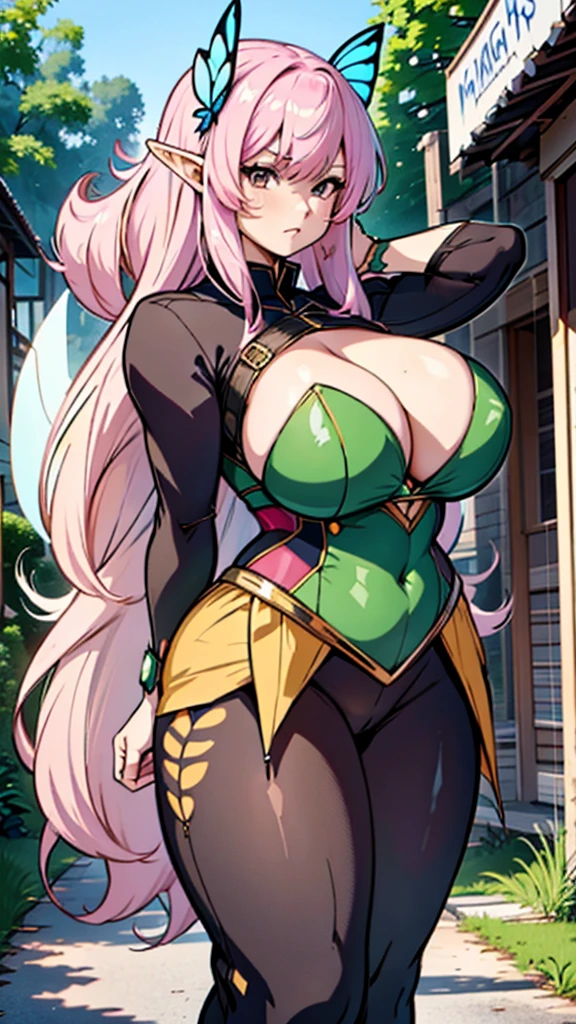 High detailed, Anime, 1 fairy woman, Elf ears, wavy hairstyle, parted Bangs, light hot-pink colored hair, split-color hair, busty, gorgeous plump body, yellow formal clothes, strong body, strong arms, butterfly Fairy's wings