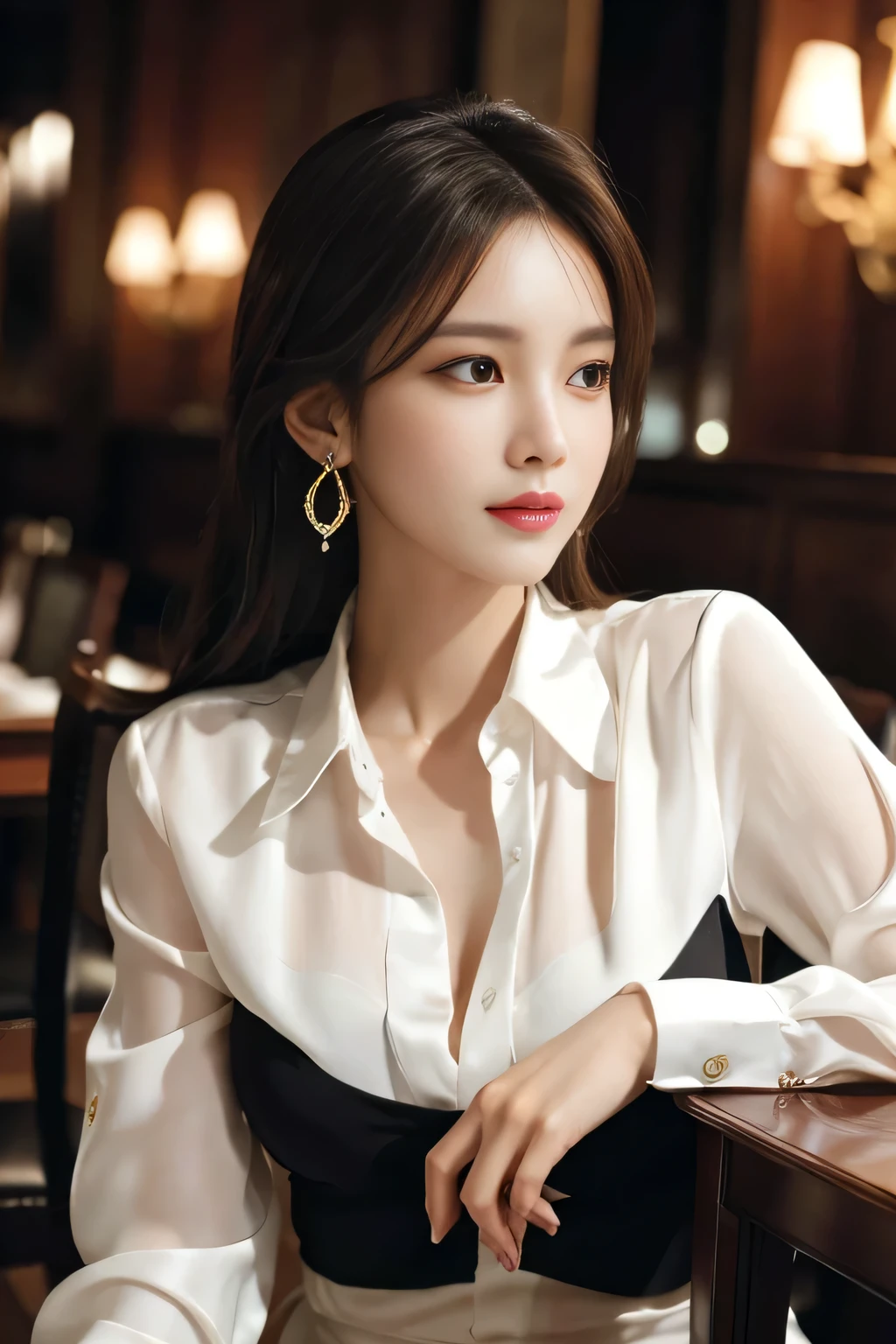 masterpiece, Highest quality, Realistic, Very detailed, Finer details, High resolution, 8k wallpaper, One beautiful woman, Wear an elegant white silk shirt, In a great restaurant, At night, Light brown messy hair, Perfect dynamic composition, Beautiful and beautiful eyes、Big earrings、Sit on a chair、