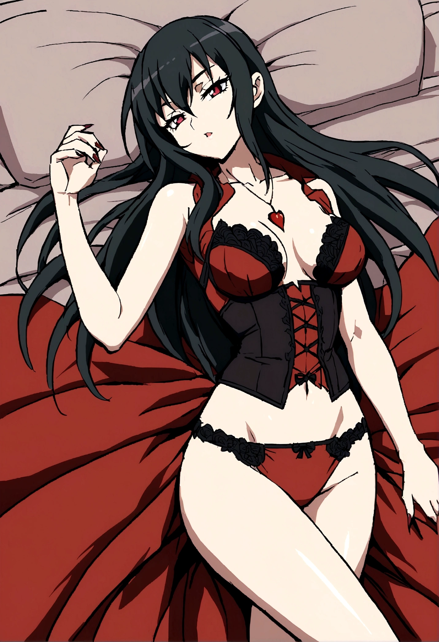 sexy vampire laying on a bed with just panties on female anime style