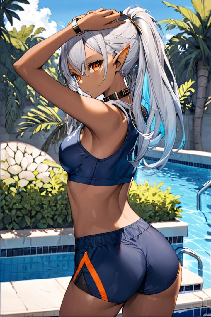 1girl,solo,((collar,)),grey hair,orange eyes,swiming pool,((dark skin,dark elf)),pointy ears,elf,navel,midriff,blue school swimsuit
