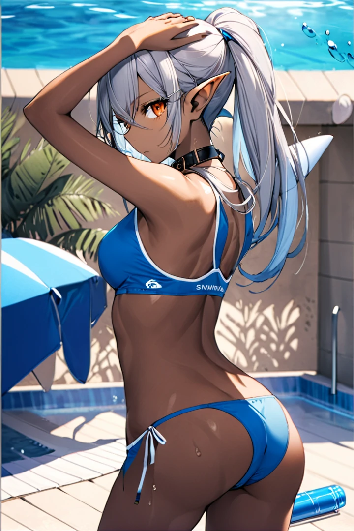 1girl,solo,((collar,)),grey hair,orange eyes,swiming pool,((dark skin,dark elf)),pointy ears,elf,navel,midriff,blue school swimsuit
